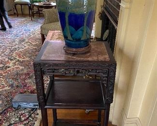 Chinese Marble top Table and Moorcroft Lamp