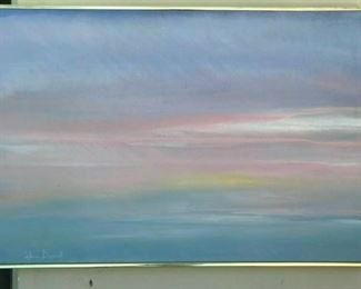 SYLVIA DRISCOLL1928-2013 Morning Colors - Maine Sea Skyscapes "Stained Canvas"  Sylvia and Donald operated her art gallery on Rocky Neck in Gloucester MA, Dock Square in Kennebunkport ME and Perkins Cove in Ogunquit ME. She and her husband spent their winters in Sarasota Fl. Sylvia's paintings are in many private collections throughout the United States, Canada and Europe.

This is a Rare Example of a Framed 36 " X 24.5 Canvas embodying the philosophy of 20th Century Artist.

