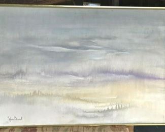 SYLVIA DRISCOLL1928-2013 " Morning Mist" - Maine Sea Skyscapes "Stained Canvas"   "Early Morning Fog and Mist" Sylvia and Donald operated her art gallery on Rocky Neck in Gloucester MA, Dock Square in Kennebunkport ME and Perkins Cove in Ogunquit ME. She and her husband spent their winters in Sarasota Fl. Sylvia's paintings are in many private collections throughout the United States, Canada and Europe.

This is a Rare Example of a Framed 36 " X 24.5 Canvas embodying the philosophy of 20th Century Artist.