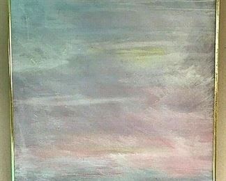 SYLVIA DRISCOLL ,1928-2013 New England - Maine Sea & Skyscapes "Stained Canvas"     "Morning Sky On Coast of Maine"   Sylvia and Donald operated her art gallery on Rocky Neck in Gloucester MA, Dock Square in Kennebunkport ME and Perkins Cove in Ogunquit ME. She and her husband spent their winters in Sarasota Fl. Sylvia's paintings are in many private collections throughout the United States, Canada and Europe.
This is a Rare Example of a Framed 36 " X 24.5 Canvas embodying the philosophy of 20th Century Artist.
