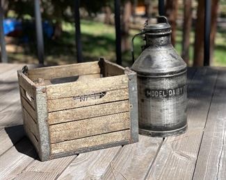 Old dairy crate & milk can