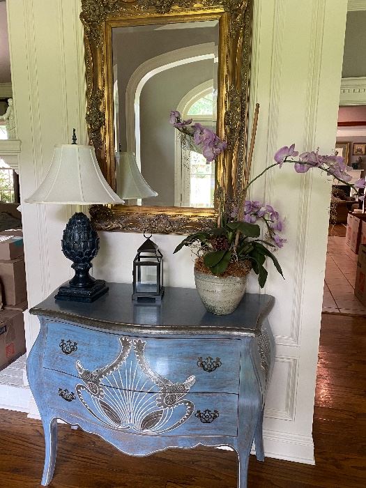 Very nice painted Bombay style chest, decor items and gold framed mirror.