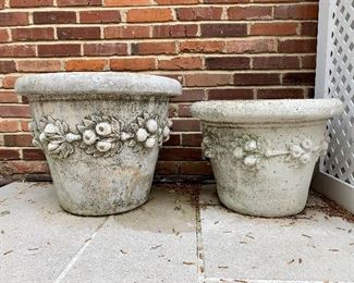 $60 - Large Round Planter (as is - condition issue, base is damaged - 23 x 18), $50 - Medium Round Planter (as is, minor condition issues- some slight cracks - 21 x 16)