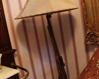 1934 Tula Factory gun lamp with custom shade and stagecoach barrel table