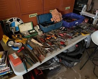 Hand tools - screwdrivers, pliers, socket sets, bmw sign, Contractor size air vac underneath