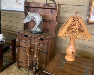 Pine hutch, End table, Wood Carved Birds Lamp and Lampshade
