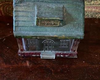 Old Glass Cabin Candy Container with Tin Bottom
