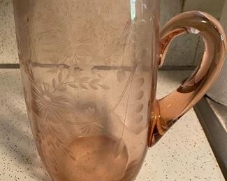 Etched Pink Glass Pitcher