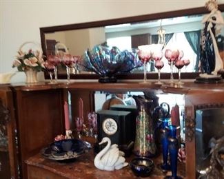 Lladro swan, Bohemian glass stemware, Antique clock