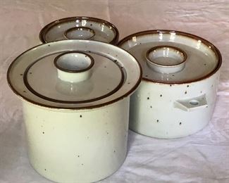 Dansk "Brown Mist" serving or storage bowls with lids.  Front left $50: 7.25" H, 9" diam.  Center right $50: 5.5" H, 8.75" diam.  Rear left $40: 7.5.5" H, 7" diam. 