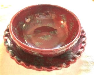 $50 - "BB" signed red spongeware fluted dish and bowl.   Fluted dish: 10" diam, 1.5" H.  Bowl:  7.5" diam, 2.75" H.  