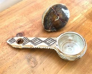 $20 each - Signed Pottery scoop spoon and geode;   Spoon: 18.5" L, bowl 3" diam.  Geode:  3.25" H, 3.5" W, 3" D.  