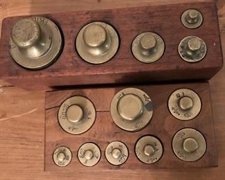 $120 for pair - Sets  of weights in wood holders.  Top set: 8.5" L, 2.5" W, 4" H.  Lower set:  6.75" L, 2.5" W, 3" H.  