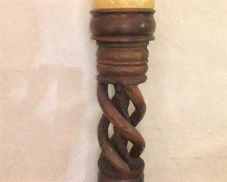 $160 Large carved twisted wood candle stand and candle.  23.75" H, 7.5" diam.  