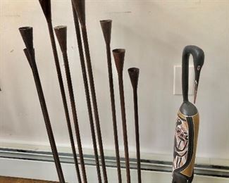 $40 each - 9 Mid Century modern wrought iron graduated  floor candlesticks. 7 taller ones SOLD, 2 available.   Range 24.75" H to 36.75" H, base each 3" x 3". $95  $95 Wood bird with beak 