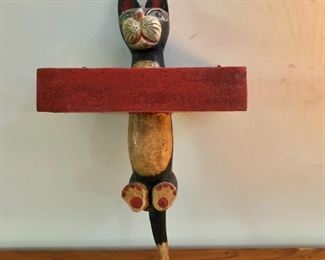 $40 - Painted wood cat with shelf, hangs on wall.  15" H, 8.25" W, 5" D.  