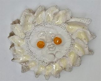 $40 Ceramic sun pottery sculpture. "fried egg cheeks"  8" diam.  
