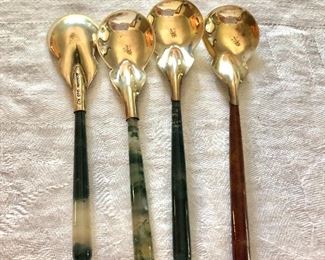 $80 - Set signed sterling silver spoons with stone handles.  Each 4.25" L. 