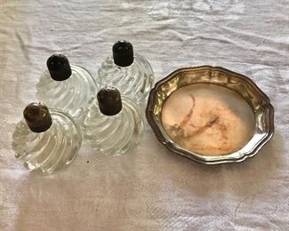 $15 - Set of 4 vintage salts or peppers; $25 - Christofle 
France dish.\ SOLD   Dish 3.5" diam; shakers 1.5" diam. 