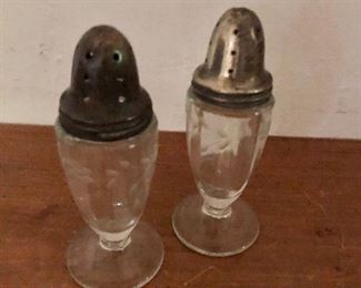 $12 Set of salt and pepper shakers with etched glass.  Each 4.5" H. 