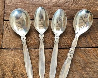 $125 ea ( 8.25 length SOLD ), $100 (7.75"length) Georg Jensen Cactus pattern sterling silver set of 4 spoons.  2 are 8.25" , 2 are  7.75" L.  3 on right available 