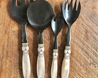 $225 all Georg Jensen Cactus (Kaktus) pattern sterling silver-handles serving pieces. Four piece set, fork on left is 8" L. 