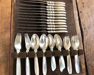$4950 Georg Jensen Cactus pattern sterling silver dinnerware set.   63 piece set Service for 12  (except 14 teaspoons). Knives 9.25" long for scale. 