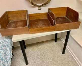 $20 each - Wood storage boxes.  Left and right: 8" H, 14.75" W, 17" D.  Center: 5" H, 14.5" W, 17.5" D.