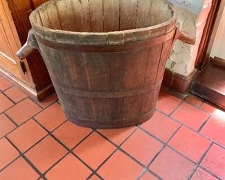 $150  - Vintage slat wood bucket - 21.5" H, 23" diam (34" W with handles).