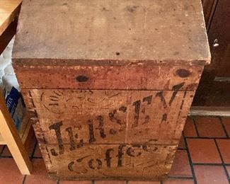 $400  Vintage "Jersey Coffee" wood storage box - 31.5" H, 22.5" W, 16.25" D.