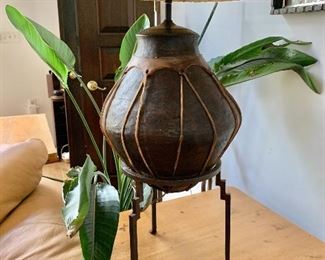 $250 - Pottery lamp on metal stand.  30" H, 14" diam. 
