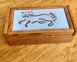 $45  Arts and crafts cat on wood box 10" L, 5" W, 3.25" H. 