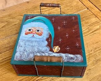 $45 Signed Betsy Thomas Santa painted wood box 11" W, 11" D, 6.5" H. 