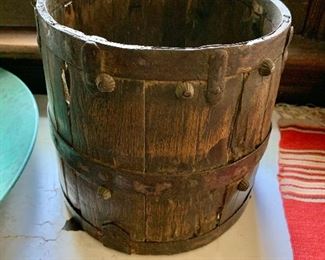 $350  Vintage banded barrel #1 - 8.25" H, 8" diam.