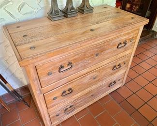 $650  vintage wormwood, studded chest of drawers 33.5" H, 42" W, 21" D.