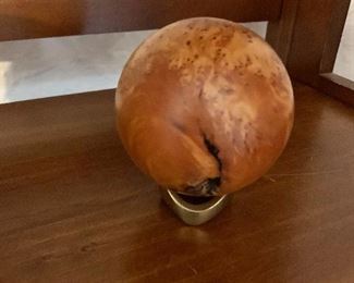 $75  Carved wood ball on stand (2 of 2).  Approx 3" diam.