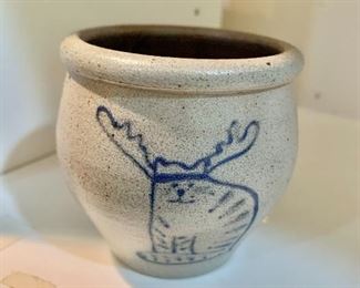 $24 - Stamped, small crock with cat and antlers