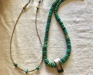 $20 Left turquoise necklace with hook clasp, left $80 Turquoise beaded necklace with center pendant.  Left: 15"L.  Right:  20"L
