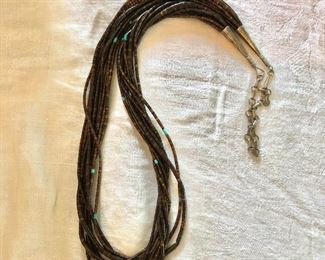 $225 Brown stone and turquoise beaded necklace.  30"L 