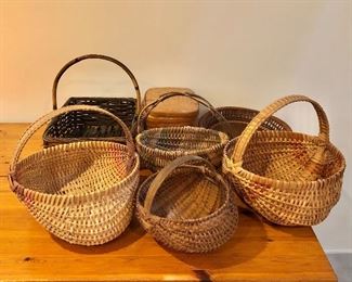 Overview  woven baskets.  Front left:  12" H, 12" L, 11" W.  