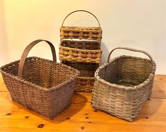 $40 each woven baskets.  Left: 16" H, 18" L, 12" W.  Rear: 23" H, 13" W, 16" D.  Right: 14" H, 22.5" L, 13" W.  