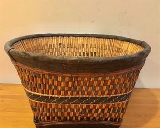 $75 Large basket, leather border with tag.   10" H, 18" diam.