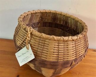 $75 Chevron stitched orb woven basket with tag.  9" H, 13.5" diam. 