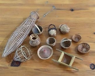 $40 Collection of miniature baskets and other items.  Fish catcher on left: 7.5" L.  Other items  approx 1.5" diam.