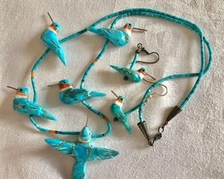 $195 Turquoise bird fetish necklace and matching earrings.  Necklace: 22"L.  Earrings: 1.8"L