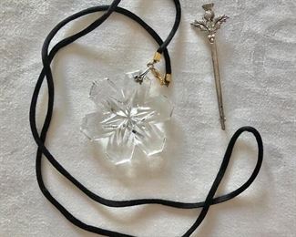 $12 each crystal snowflake on cord SOLD , thistle stick pin.   Necklace: 28"L.  Pendant:  2"diam.  Pin: 2.5"L 