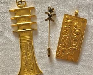 $25 each geometric gold tone pendants and stick pin.   Left: 4"L; 1.2"W.  Center: 2"L.  Right SOLD : 2.5"L; 1.2"W Left SOLD 