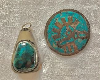$50 -Turquoise pendant , (left SOLD )  and $50 - Zuni turquoise pin.   Left:  2"L; 1.2"W.  Right: 2"diam 