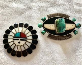 $60 Zuni sun pin, $75 Turquoise and sterling signed pin SOLD .   Left:   1.8"diam.  Right: 1.7"L; 2"W 