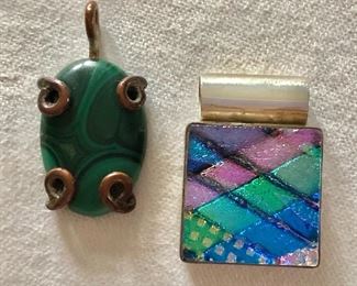 $40 Each - Malachite pendant, dichrite pendant.  Left: 1"L; 0.5"W.  Right:  1.2"L; 1"W  Right pendant SOLD 